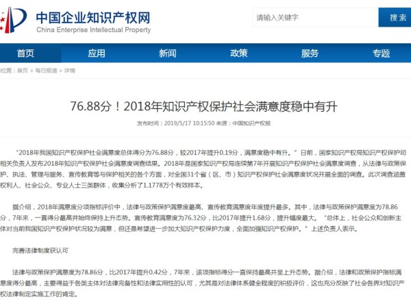 76.88分！2018年知識產(chǎn)權(quán)保護(hù)社會滿意度穩(wěn)中有升